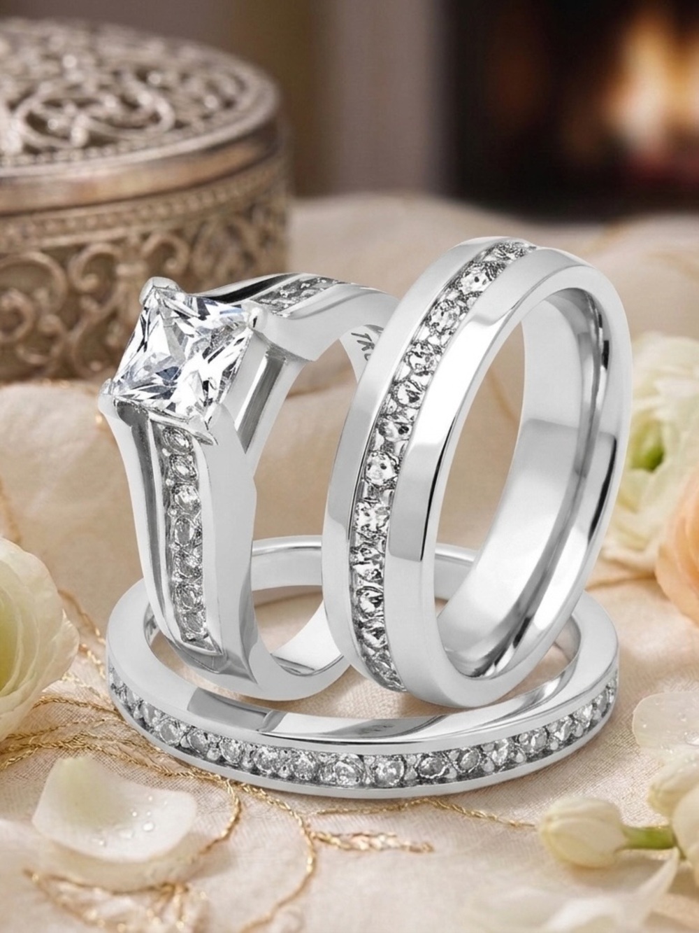 Silver CZ Bridal Ring Set - Clear White Stones